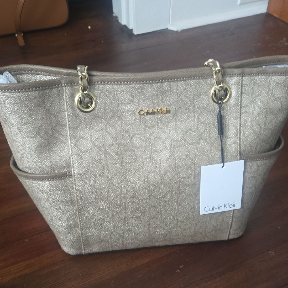 Calvin Klein Brown Tan Tote Bag with Gold Hardware